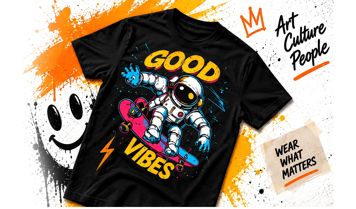 A black graphic tee printed with an astronaut on a skateboard, on a paint-splattered background.