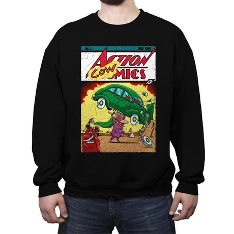 Action Cowmics - Crew Neck Sweatshirt Crew Neck Sweatshirt RIPT Apparel Small / Black