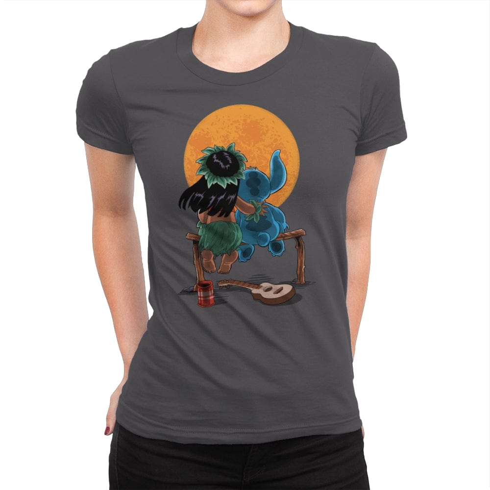 Alien and Girl Gazing at the Moon - Womens Premium T-Shirts RIPT Apparel Small / Heavy Metal