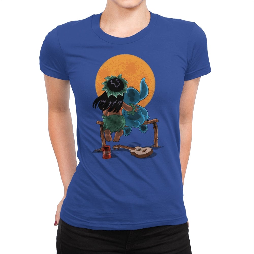 Alien and Girl Gazing at the Moon - Womens Premium T-Shirts RIPT Apparel Small / Royal