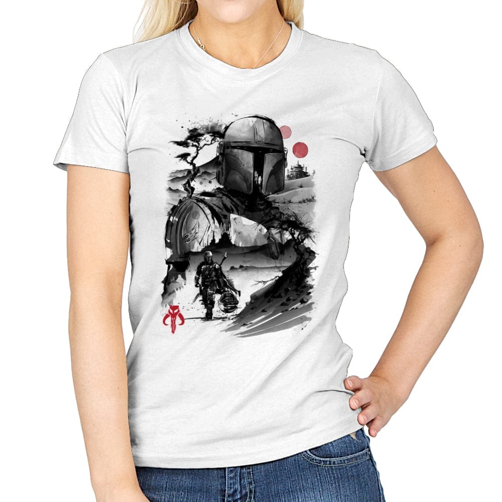 Bounty Hunter in the Desert Planet Sumi-e - Womens T-Shirts RIPT Apparel Small / White