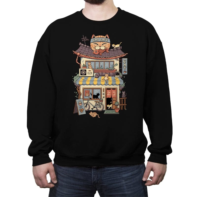 Cat Cafe - Crew Neck Sweatshirt Crew Neck Sweatshirt RIPT Apparel Small / Black