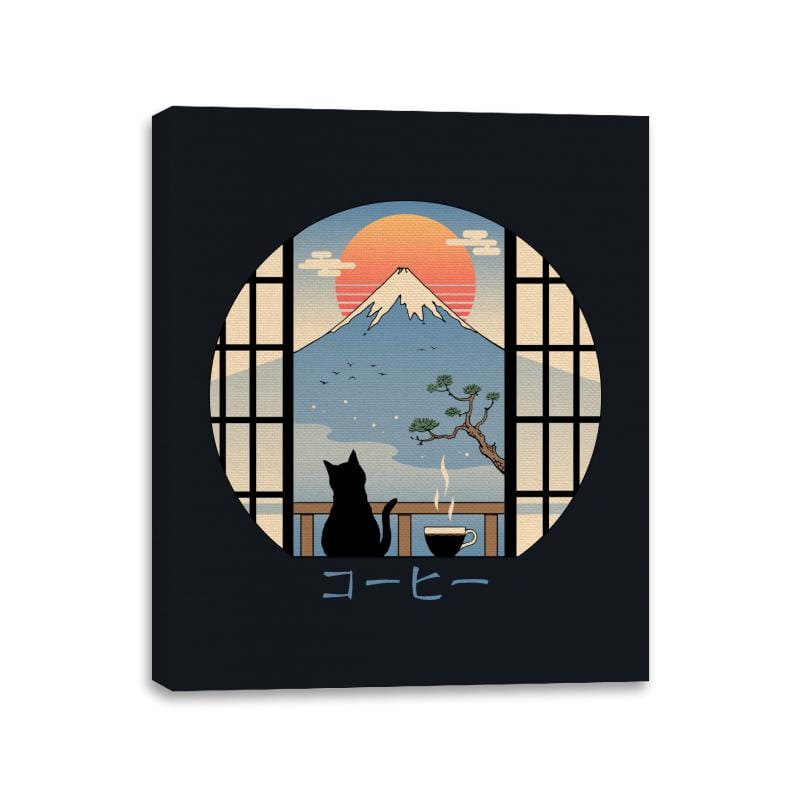 Coffee Cat in Mt. Fuji - Canvas Wraps Canvas Wraps RIPT Apparel 11x14 / Black