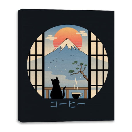 Coffee Cat in Mt. Fuji - Canvas Wraps Canvas Wraps RIPT Apparel 16x20 / Black