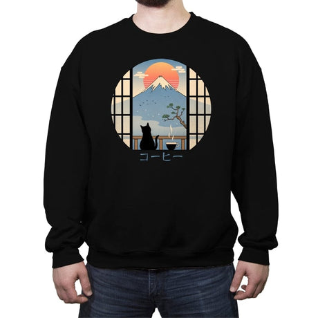 Coffee Cat in Mt. Fuji - Crew Neck Sweatshirt Crew Neck Sweatshirt RIPT Apparel Small / Black