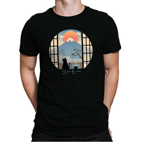 Coffee Cat in Mt. Fuji - Mens Premium T-Shirts RIPT Apparel Small / Black