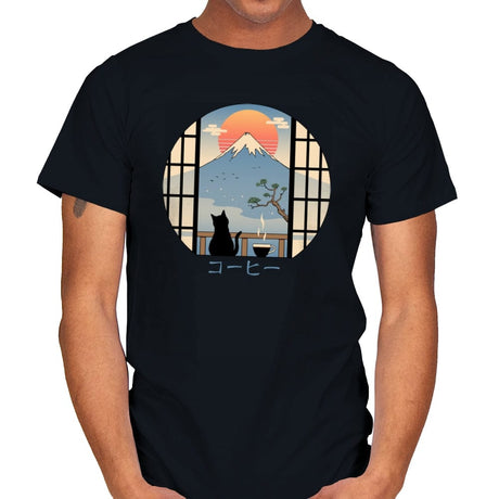 Coffee Cat in Mt. Fuji - Mens T-Shirts RIPT Apparel Small / Black