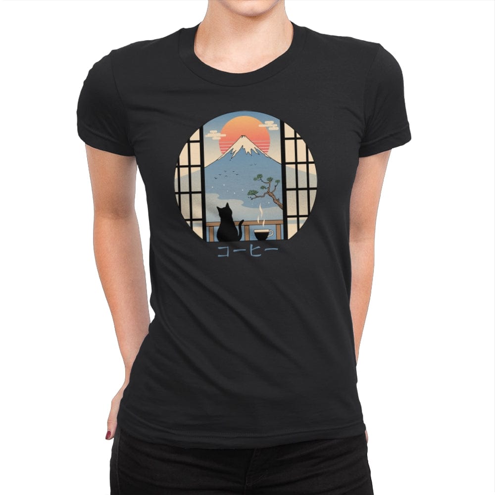 Coffee Cat in Mt. Fuji - Womens Premium T-Shirts RIPT Apparel Small / Black