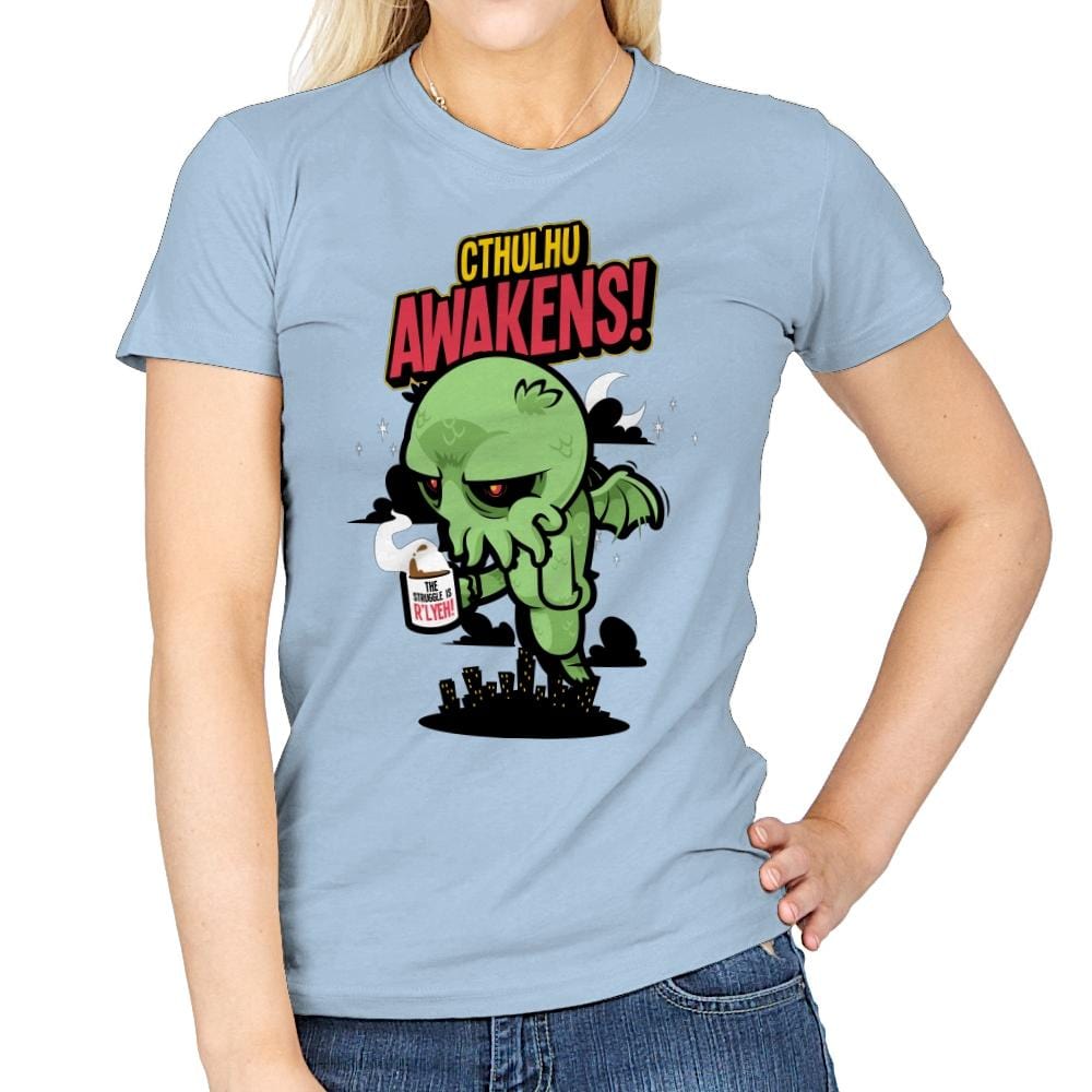 Cthulhu Awakens Again - Womens T-Shirts RIPT Apparel Small / Light Blue