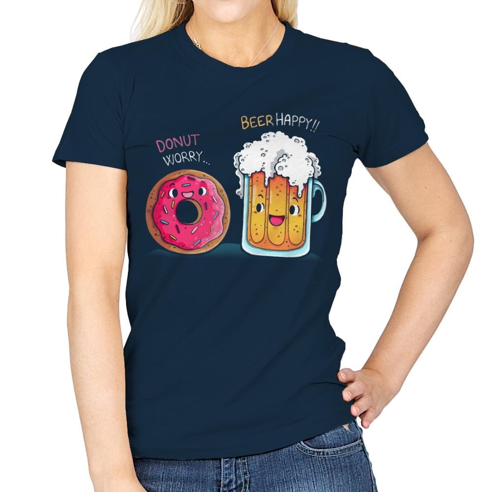 Donut Worry...Beer Happy!! - Womens T-Shirts RIPT Apparel Small / Navy