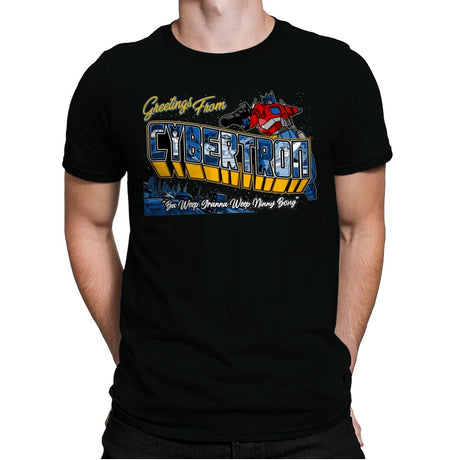 Greetings from Cyberplanet - Mens Premium T-Shirts RIPT Apparel Small / Black