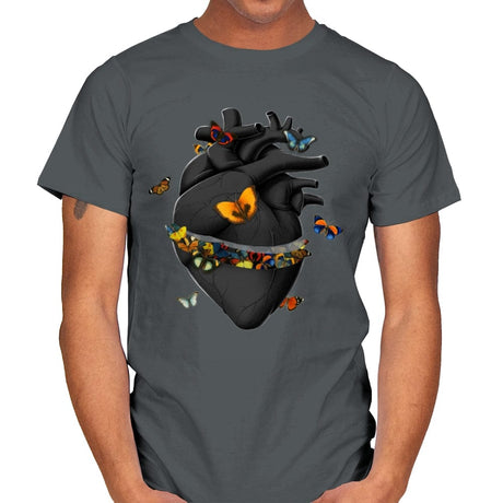 Hurting Black Heart Butterfly - Mens T-Shirts RIPT Apparel Small / Charcoal