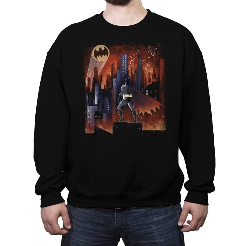 Knight Above the Sea of Buildings - Crew Neck Sweatshirt Crew Neck Sweatshirt RIPT Apparel Small / Black