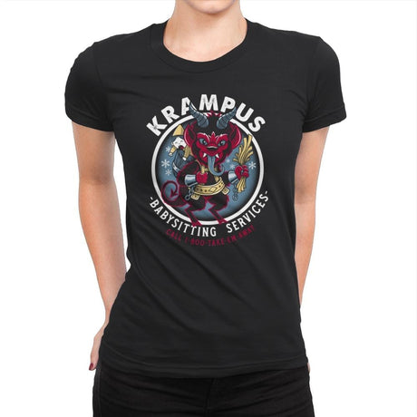 Krampus Babysitting Services - Womens Premium T-Shirts RIPT Apparel Small / Black