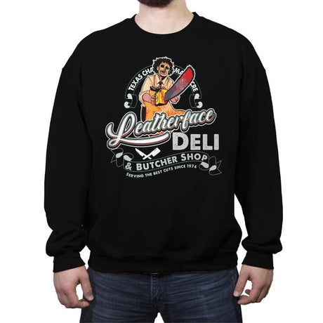 Leatherface Deli and Butcher Shop - Crew Neck Sweatshirt Crew Neck Sweatshirt RIPT Apparel Small / Black