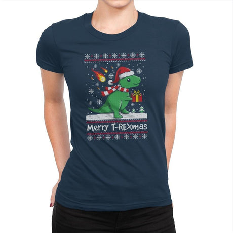 Merry T-Rexmas - Ugly Holiday - Womens Premium T-Shirts RIPT Apparel Small / Midnight Navy