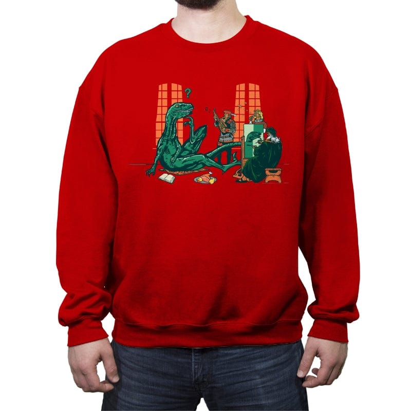 Philosoraptor Oil on Wood - Crew Neck Sweatshirt Crew Neck Sweatshirt RIPT Apparel Small / Red