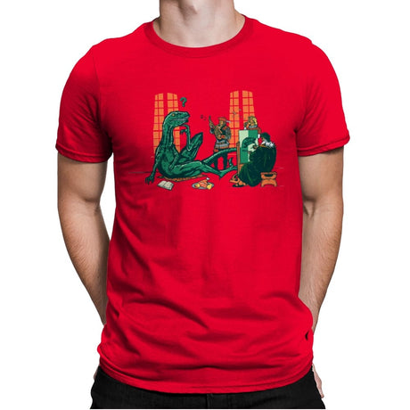 Philosoraptor Oil on Wood - Mens Premium T-Shirts RIPT Apparel Small / Red