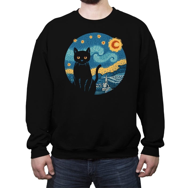 Purrfect Starry Night - Crew Neck Sweatshirt Crew Neck Sweatshirt RIPT Apparel Small / Black