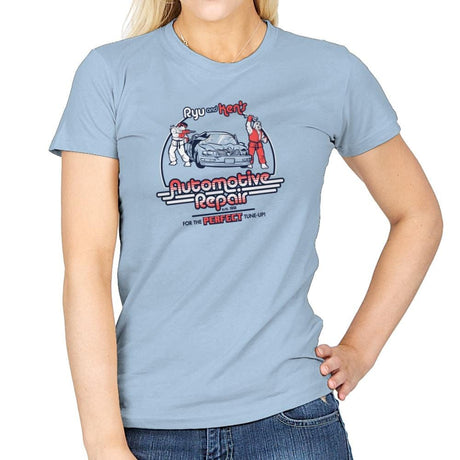 Ryu and Ken's Automotive Repair Exclusive - Womens T-Shirts RIPT Apparel Small / Light Blue