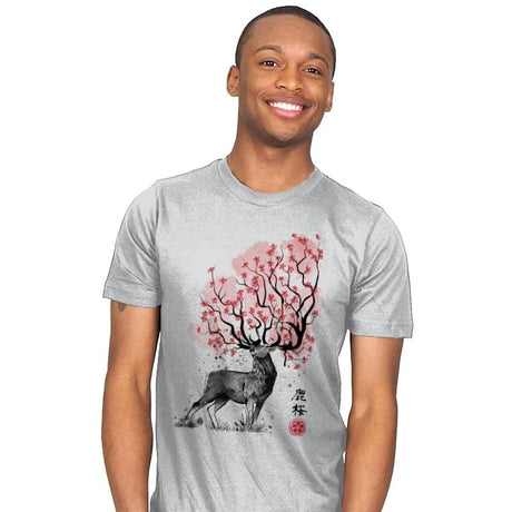 Sakura Deer - Mens T-Shirts RIPT Apparel Small / Silver