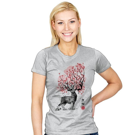 Sakura Deer - Womens T-Shirts RIPT Apparel Small / Silver