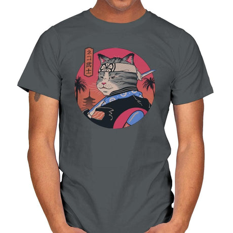 Samurai Cat - Mens T-Shirts RIPT Apparel Small / Charcoal