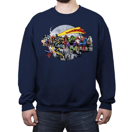 Superheroes Lunch Atop A Skyscraper - Best Seller - Crew Neck Sweatshirt Crew Neck Sweatshirt RIPT Apparel Small / Navy