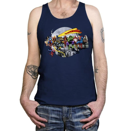 Superheroes Lunch Atop A Skyscraper - Best Seller - Tanktop Tanktop RIPT Apparel X-Small / Navy