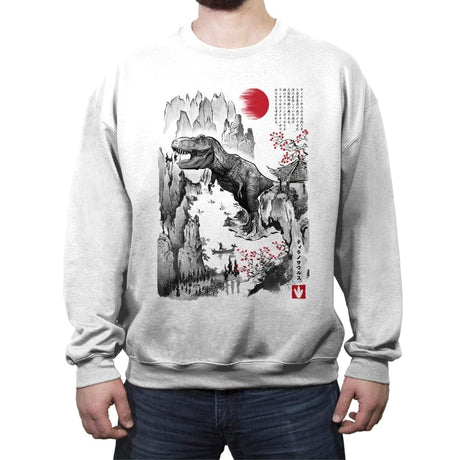 T-Rex in Japan Sumi-e - Crew Neck Sweatshirt Crew Neck Sweatshirt RIPT Apparel Small / White