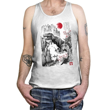 T-Rex in Japan Sumi-e - Tanktop Tanktop RIPT Apparel X-Small / White