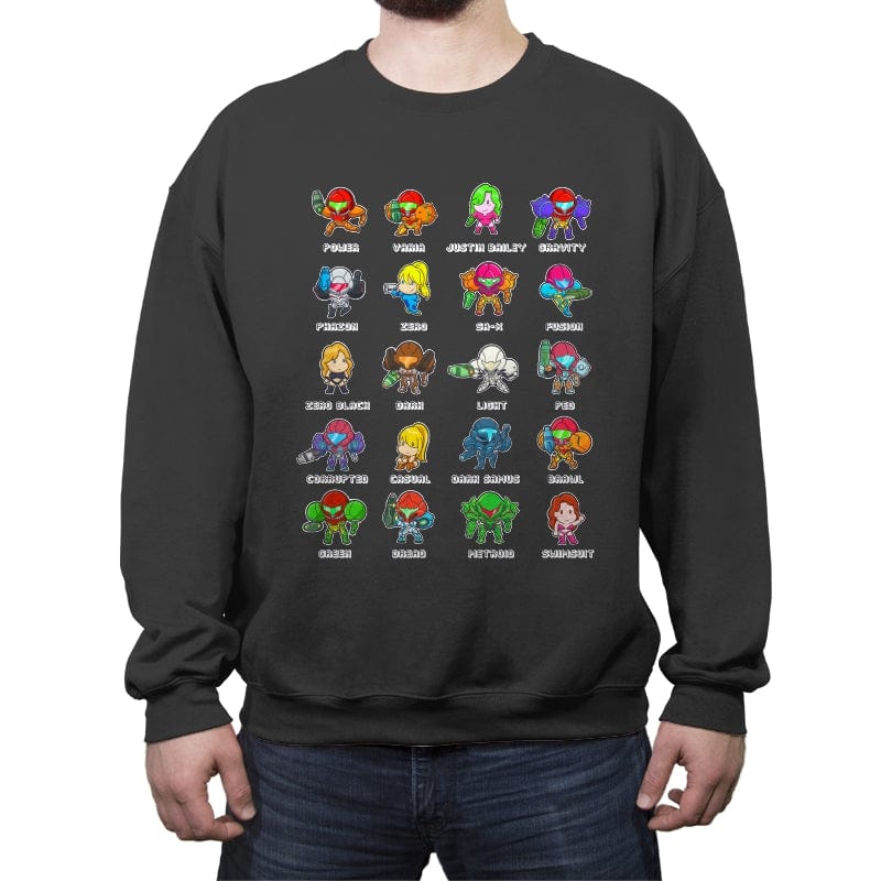 The Many Suits of Samus  - Crew Neck Sweatshirt Crew Neck Sweatshirt RIPT Apparel Small / Charcoal