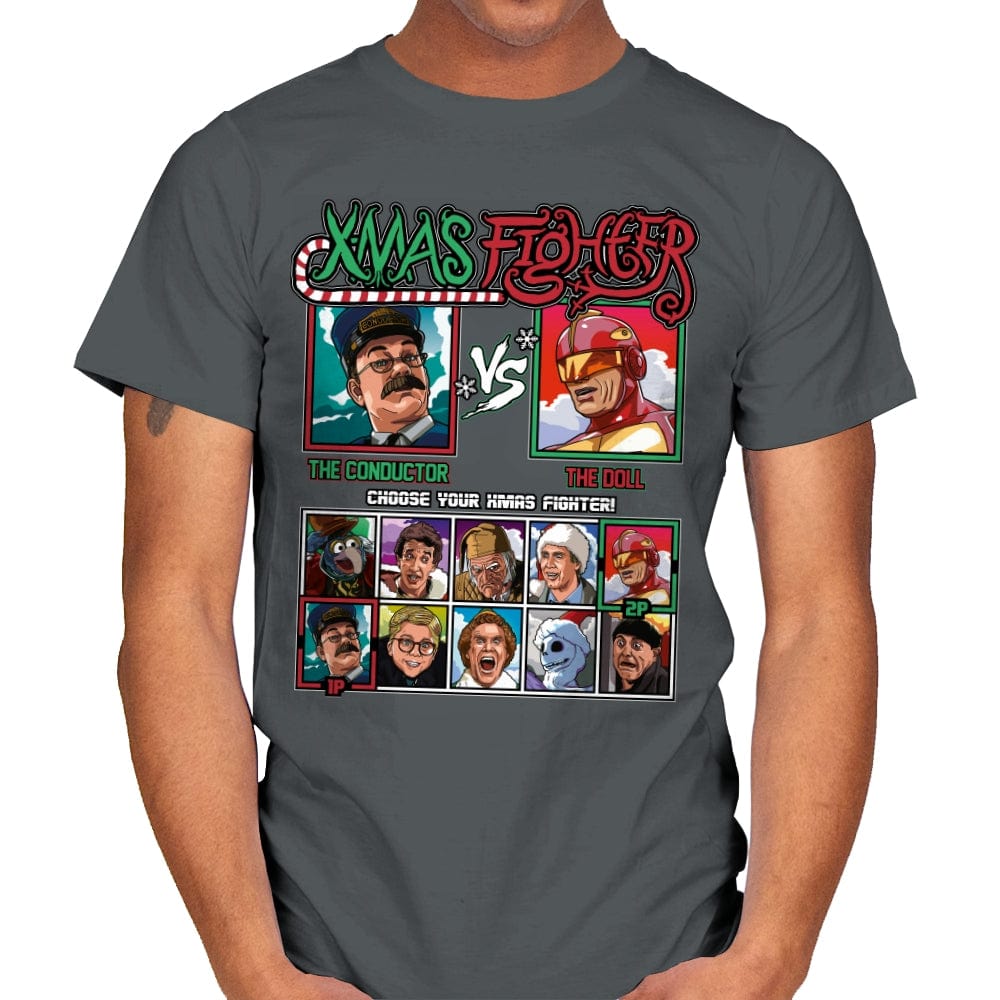 Xmas Fighter - Polar Express vs Jingle All The Way - Mens T-Shirts RIPT Apparel Small / Charcoal