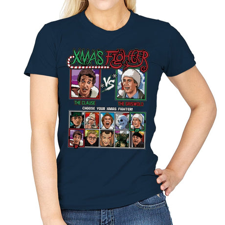 Xmas Fighter - Santa Clause vs National Lampoons Christmas Vacation - Womens T-Shirts RIPT Apparel Small / Navy