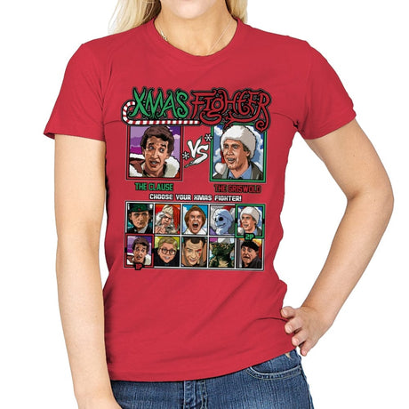 Xmas Fighter - Santa Clause vs National Lampoons Christmas Vacation - Womens T-Shirts RIPT Apparel Small / Red