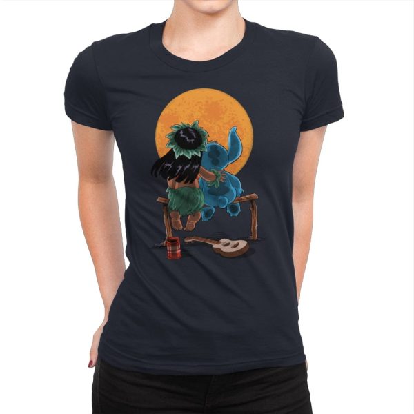 Alien and Girl Gazing at the Moon - Womens Premium T-Shirts RIPT Apparel Small / Midnight Navy