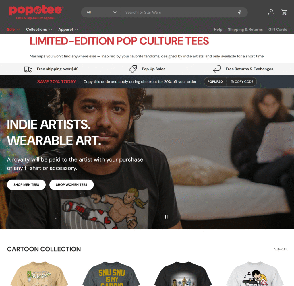 popuptee homepage comparison of best graphic t-shirt sites
