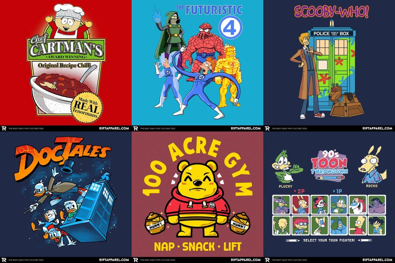 Collage of cartoon graphic tee designs from RIPT Apparel