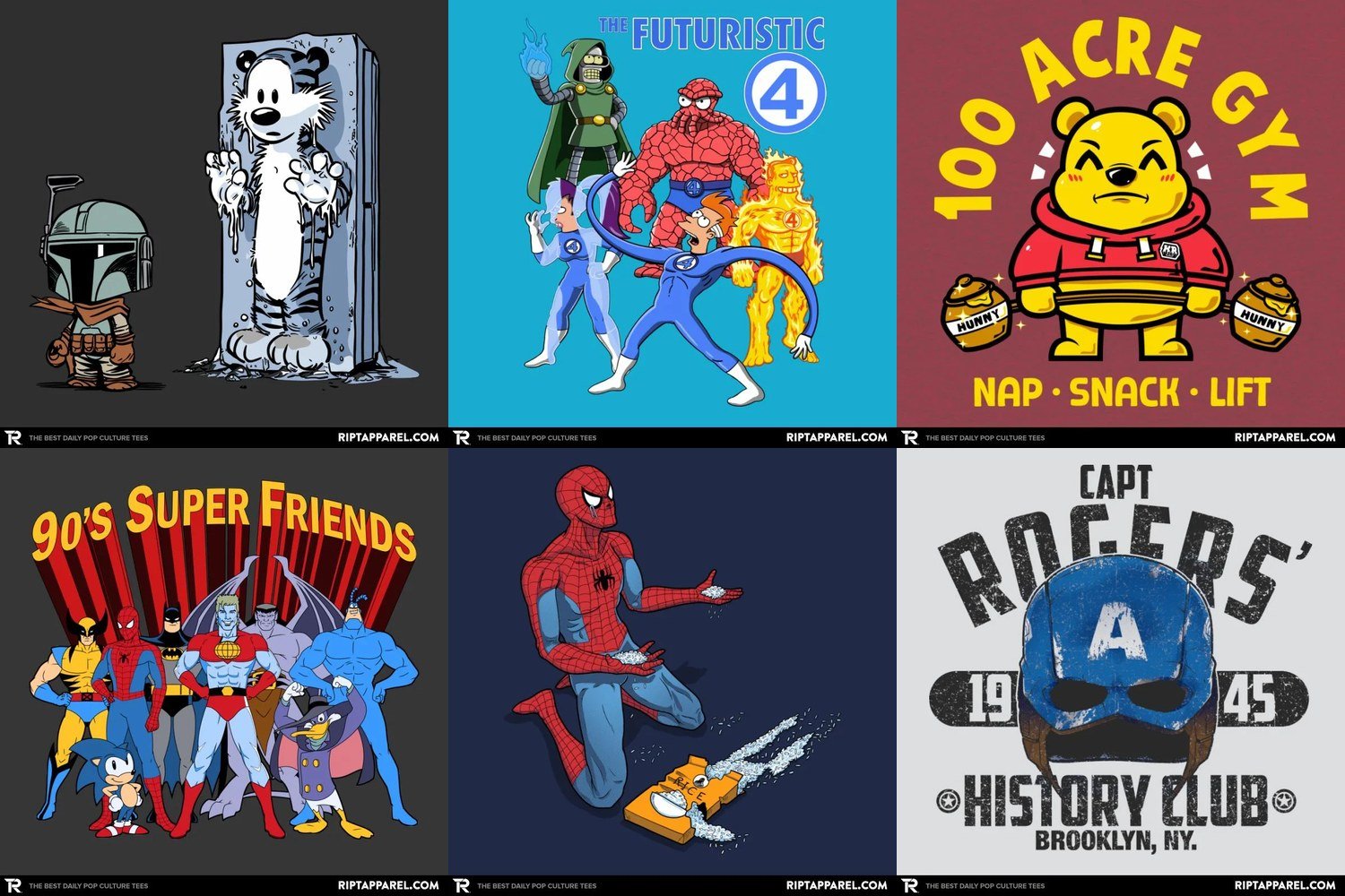 Collage of comics graphic tee designs from RIPT Apparel