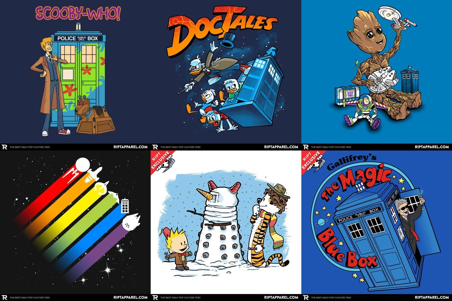 Doctor Who Graphic Tees 1 Collage of doctor who graphic tee designs from RIPT Apparel