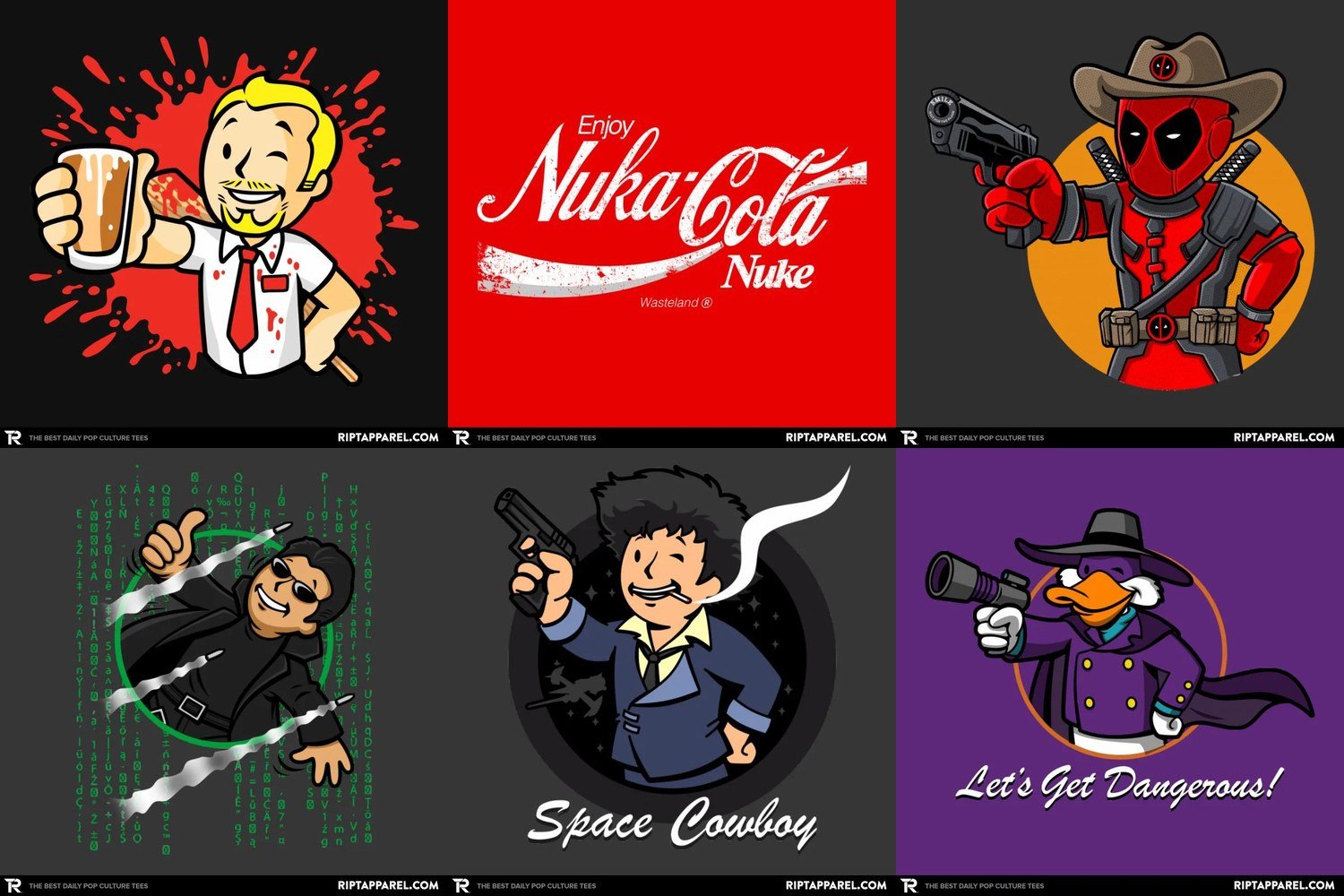 Fallout Graphic Tees 1 Collage of fallout graphic tee designs from RIPT Apparel