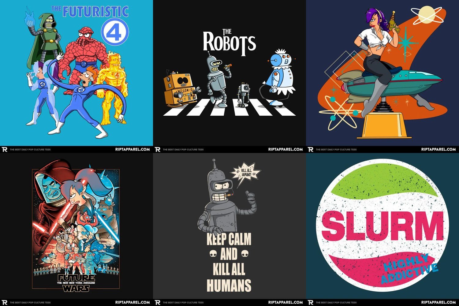 Futurama Graphic Tees 1 Collage of futurama graphic tee designs from RIPT Apparel