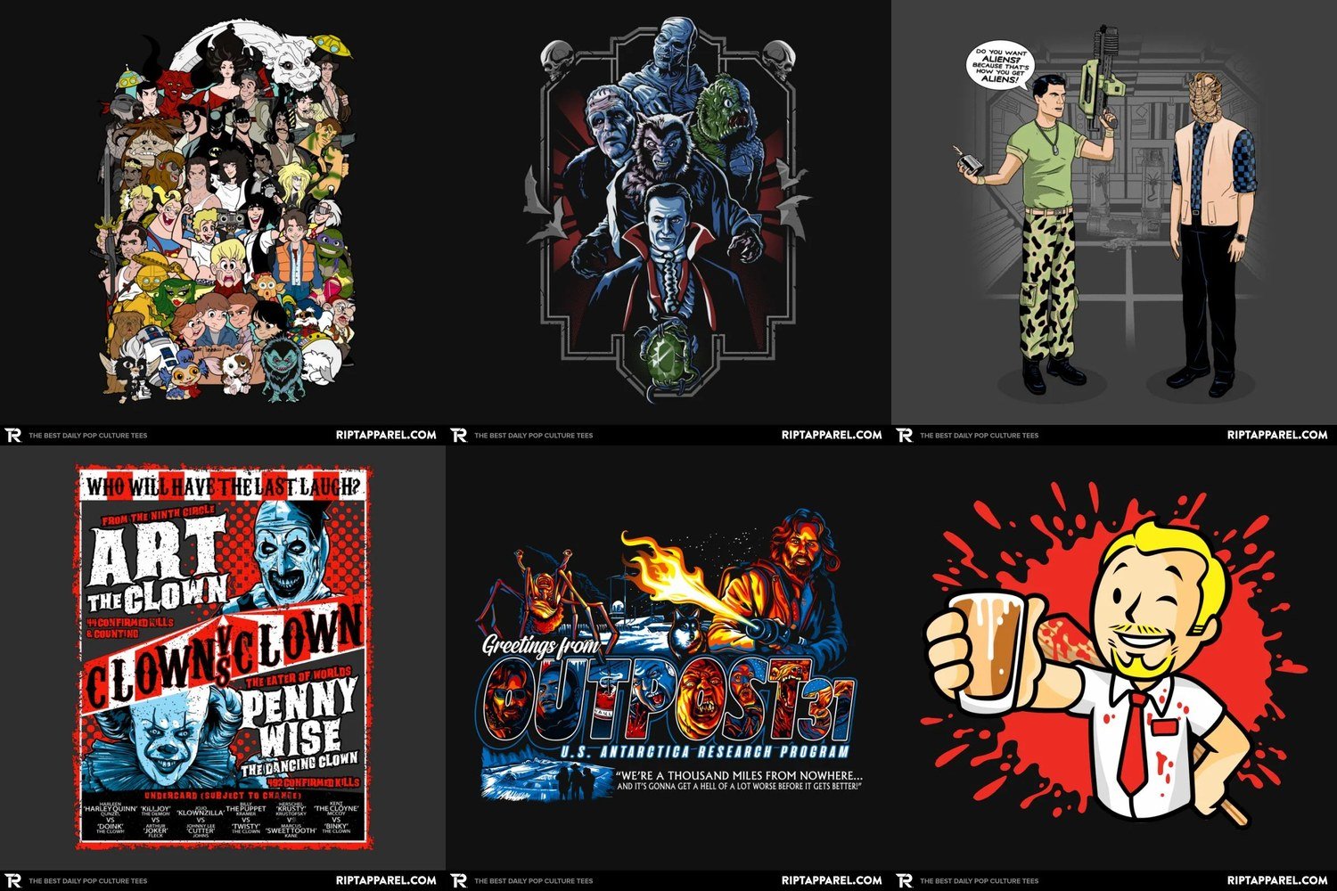 Collage of horror graphic tee designs from RIPT Apparel