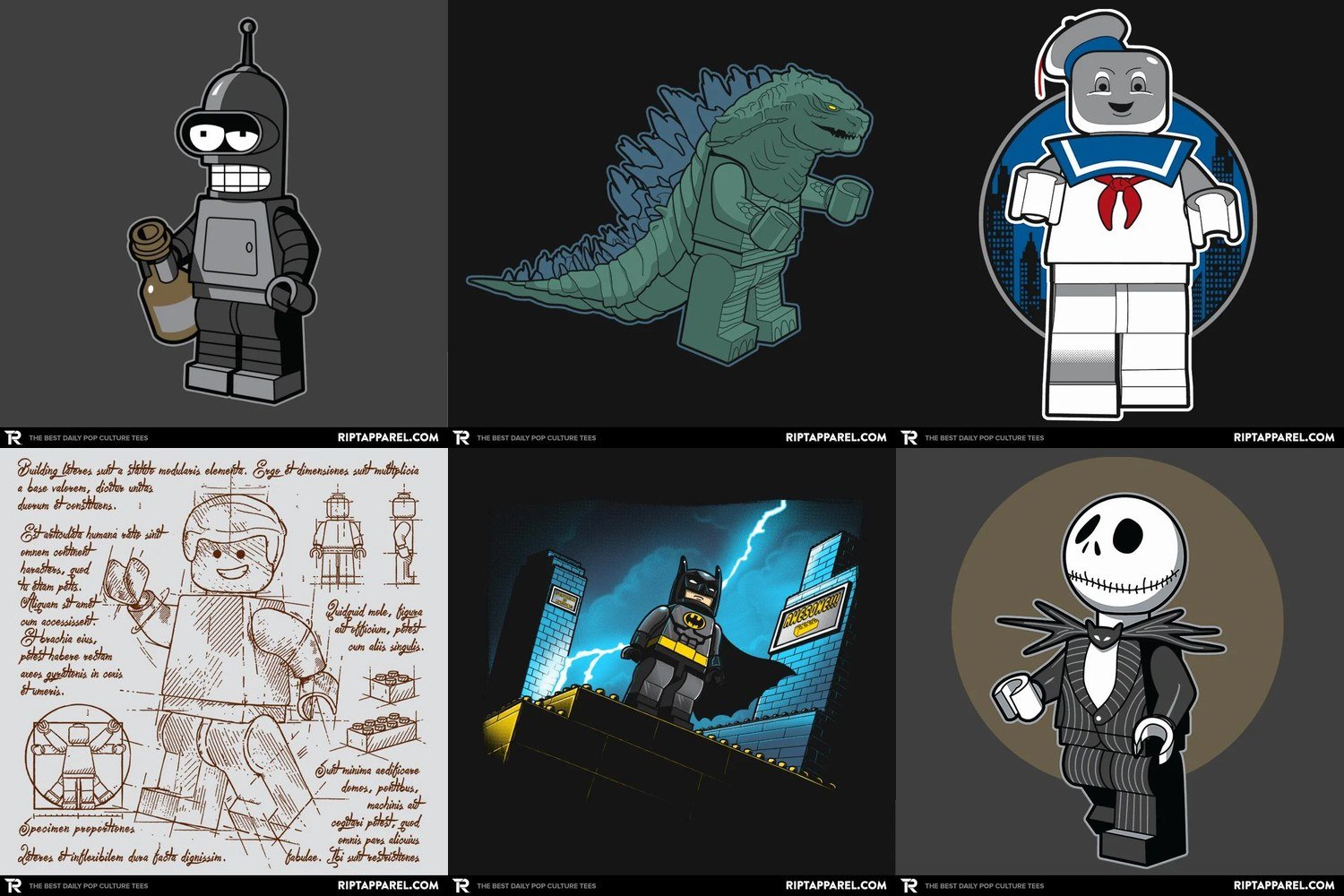 Collage of lego graphic tee designs from RIPT Apparel