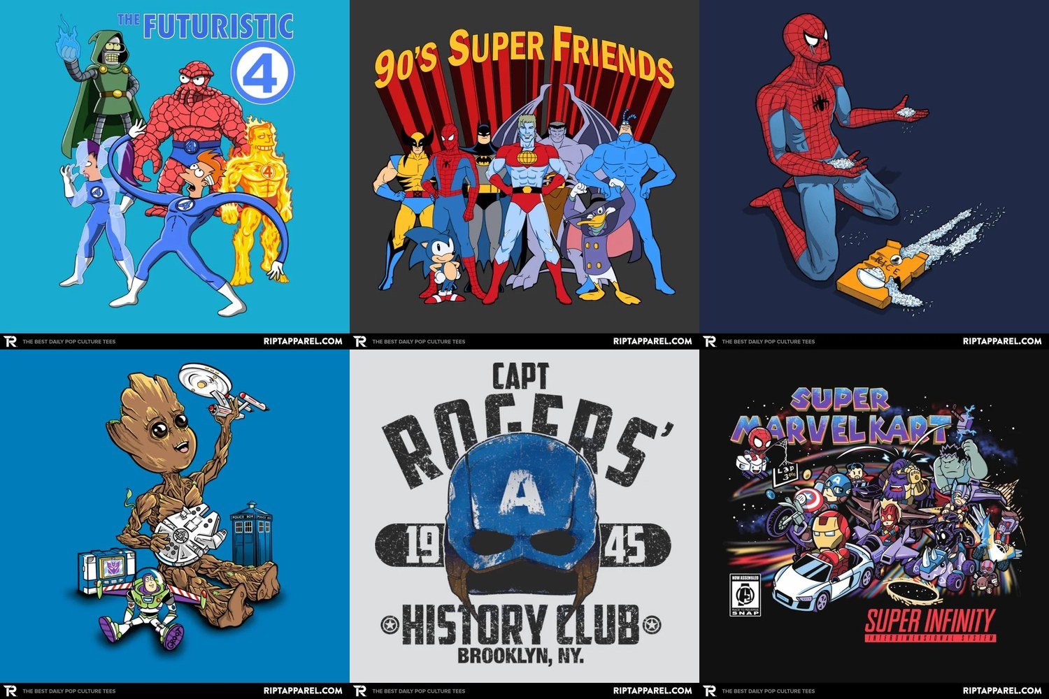Collage of marvel graphic tee designs from RIPT Apparel