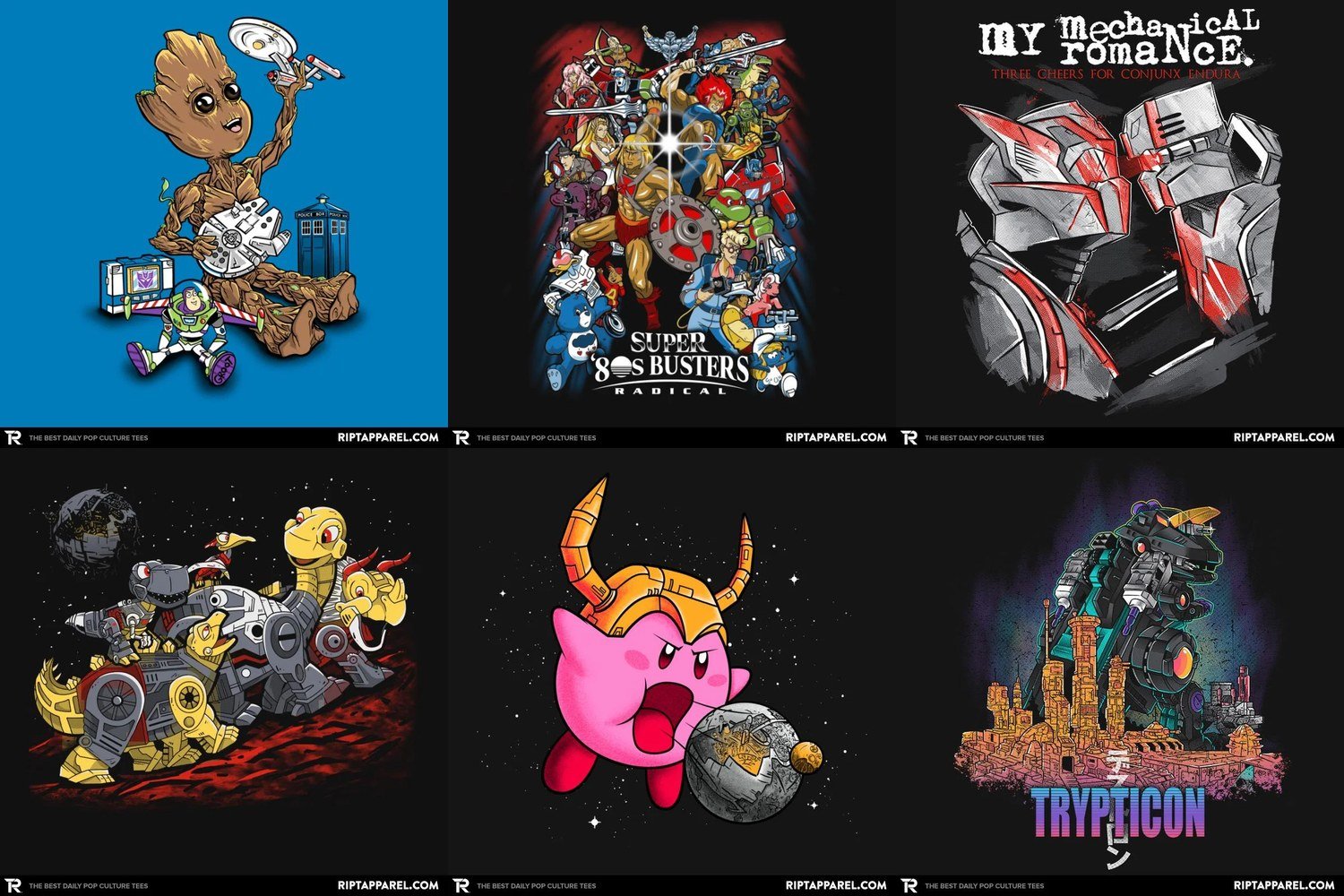 Collage of transformers graphic tee designs from RIPT Apparel